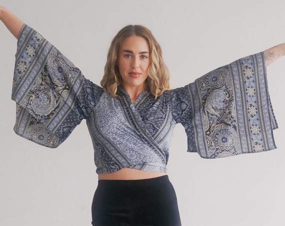 MIDNIGHT SKY CROP - Bell sleeve crop top - Silk Tie Top - Vintage Festival Top - Hippie - Retro - 70s - Recycled Silk - Wrap around Blouse