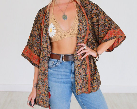 CROP PAISLEY KIMONO - Silk Jacket - Bohemian Kaftan - Vacation - Recycled Fabric - Wedding - Summer Crop - Autumn Shawl - Wrap Top - Gypsy