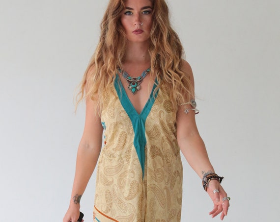GOLDEN SUMMER JUMPSUIT - Vacation - Paisley Festival Jumpsuit - Handmade - Vintage - Hippie - Backless Wedding Playsuit - Harem Pants - Maxi