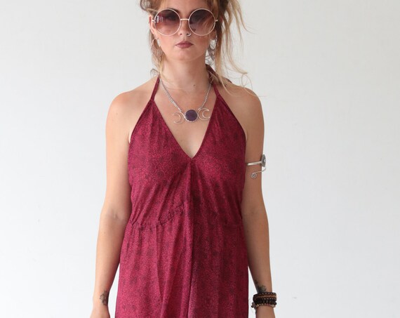 SHEER RUBY JUMPSUIT - Summer Beach Outfit - silk jumpsuit - Vintage Indian Fabric - Fall - All in One - Pink Backless harem pants - Autumn
