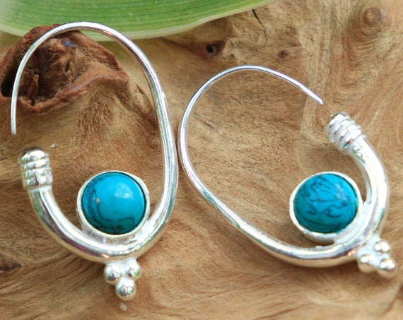 TURQUOISE HOOK EARRING - Oxidised Silver plated Earrings - Navajo - Healing Crystal Jewellery - Chakra - Boho - Vintage - Festival - Gift