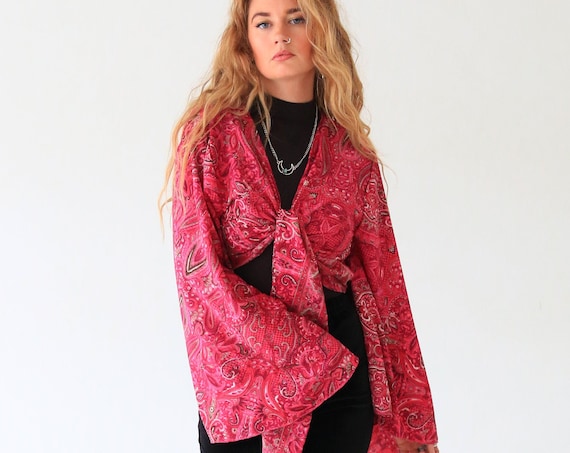 PINK POWER CROP - Bell sleeve top - Vintage Retro Kimono - Up cycle - Summer - Cover Up - Kaftan - Silk tie top - Pink Paisley Top - Fall