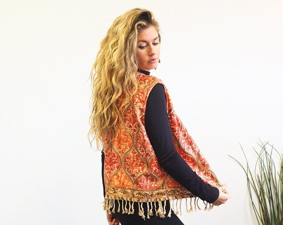 EMBROIDERED KASHMIRI WAISTCOAT - Indian Cotton - Viscose - 70's Hippie - Kashidi patchwork - Repurposed Scarf - Autumn Winter Vest - Folk