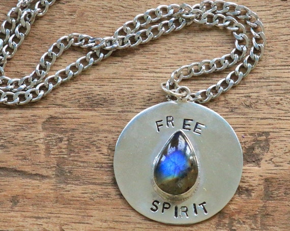 FREE SPIRIT NECKLACE - Large Labradorite Sterling silver Pendant - Stamped - Spiritual - Healing Crystal - Yoga Necklace - Yogi Gift