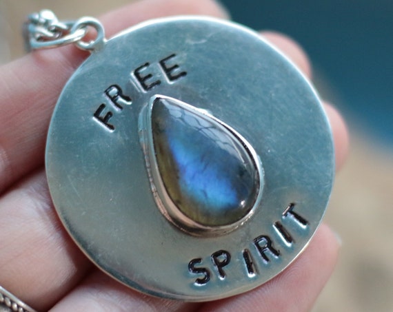 FREE SPIRIT NECKLACE - Labradorite - Large Stamped Sterling silver Necklace - Dog Tag - Spiritual Jewellery - Healing Crystal - Bohemian