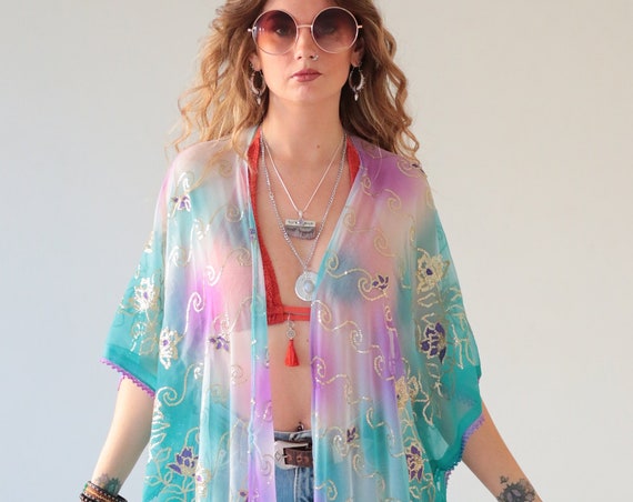 SKY BLUE KIMONO - Vintage Jacket - Silk Sari Kaftan - Beach Cover Up - Bohemian Wedding - Dupatta - Vintage Maxi Dress - Festival Fashion