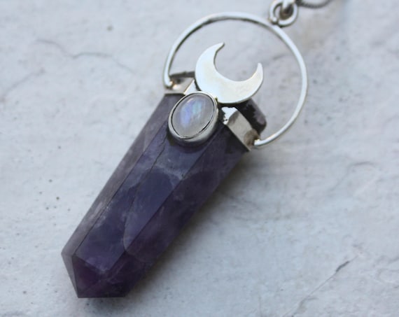 AMETHYST & MOONSTONE NECKLACE - Sterling Silver Amethyst Necklace - Crystal Moon - Moonstone - Bespoke - Healing Crystal - Cosmic Birthstone