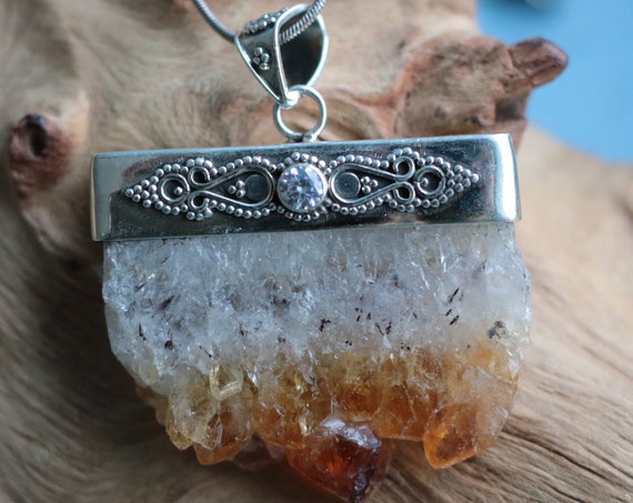 LUXURY CITRINE NECKLACE - Statement Bespoke Necklace - Sterling Silver - Valentines - Citrine Slice - Druze - Diamond - Filigree - Crystal