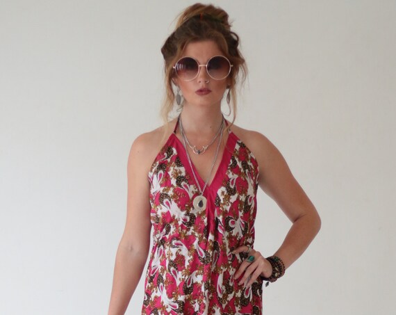 RUBY SPARROW JUMPSUIT - Indian Floral - Block print - Handmade - Vintage Silk Sari - Festival Hippie - Halterneck Paisley Playsuit - Beach