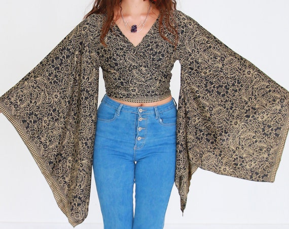 BELLA CROP TOP - Bell sleeve - Batwing Japanese kimono - Vintage - Indian Silk - 60's 70's Bohemian - Wrap Around Top - Gypsy Crop Style