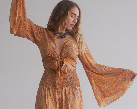 2 PIECE SET - Silk Bell sleeve & Trouser set - Jumpsuit - Flare Trousers - Wide leg - Pyjamas - Lounge wear - Co ord pant set - Playsuit