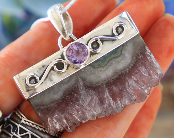 LUXURY AMETHYST NECKLACE - 925 Sterling Silver - Crystal Druze - Raw Gemstone - Vintage - Rustic Necklace - Organic Crystal Jewellery - Boho