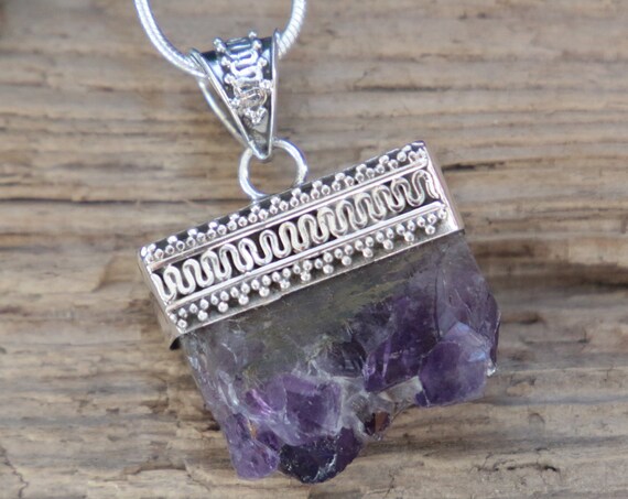 AMETHYST SLICE NECKLACE - Sterling Silver Birthstone Pendant - Rough Crystal Druzy - Raw - Boho Style - Vintage - Filigree Gemstone Necklace