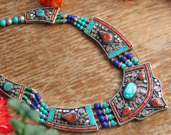 VINTAGE NEPAL NECKLACE - Xl Statement jewellery - Coral - Turquoise - Nepali - Buddhist - Tibetan - Semi Precious - Antique Style Gift Set