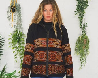 BLACK AZTEC HOODIE - Thermal - Unisex  - Fleece Hooded Jacket - Mens Jumper - Carpet Jacket - Lounge wear - Festival