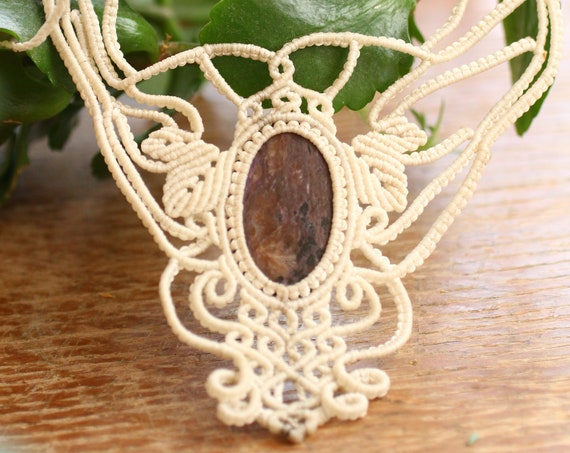 MICRO MACRAME NECKLACE - Xl Macrame Chest piece - Rare Handmade Amulet - Autumn Inspired - Yoga Jewellery - Leaf - Adjustable jewelry