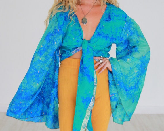 GALAXY TIE TOP - Indian Silk - Bell Sleeve - Hippie Top - Retro - 70s 60'S Recycled Fabric - Tie Dye Kimono - Stevie Nicks Boho Style gift