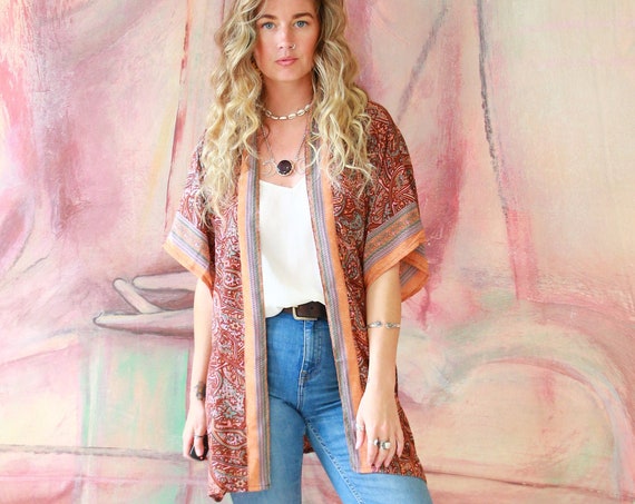 RUBY SPARROW CROP - Bohemian Silk Kaftan - Japanese Style Kimono - Slow Fashion - Shawl - Wrap Top - Indian Jacket - Paisley - Beach cover