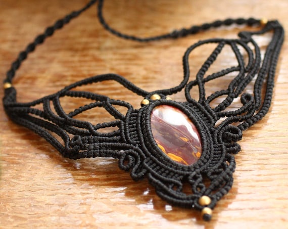 INTRICATE MACRAME CHOKER - Statement Macrame Necklace - Limited Edition - Fire Jasper - Healing Crystal Jewellery - Only One - Bespoke Gift