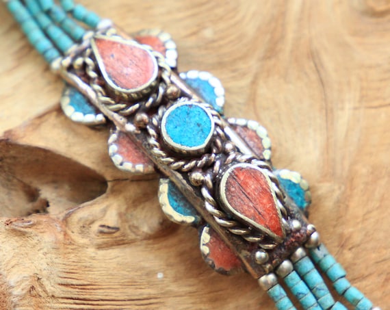 TURQUOISE & CORAL BRACELET - Vintage Nepali Bangle - Statement Nepalese Jewellery - Afghan Indian Style - Rare - Gemstone cuff - Unique Gift