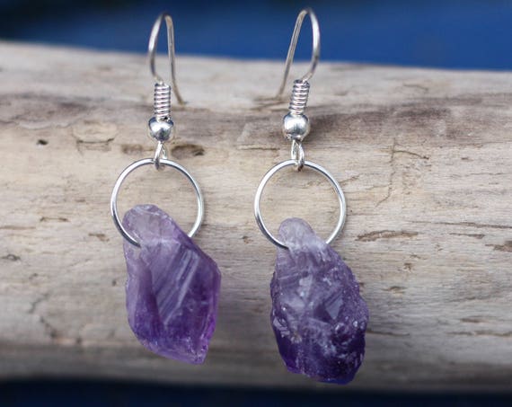 RAW AMETHYST EARRINGS - Small Earrings - Raw Crystal - Silver Earrings - Gift - Sale - Spiritual Jewellery - Birthstone - Rough Gemstone