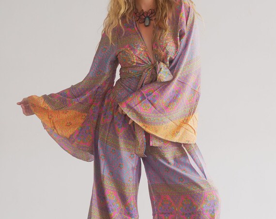 2 PIECE SET - Silk Bell sleeve & Trouser set - Jumpsuit - Flare Trousers - Wide leg - Pyjamas - Lounge wear - Co ord pant set - Playsuit