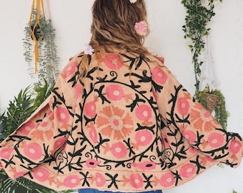 CHAQUETA SUZANI BORDADA - Estilo años 60 y 70, abrigo estilo Zara - India - Chaqueta de algodón grueso - Verano, festival - Estampado floral - Vintage - Mediana