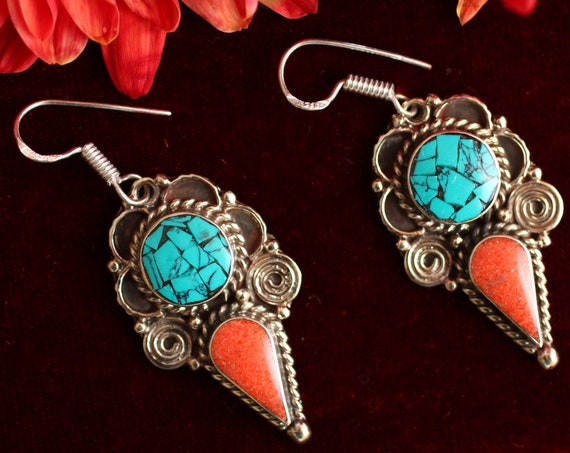VINTAGE TURQUOISE EARRINGS - Nepalese / Neplai earrings - Bespoke - Unique - Coral Chip Jewellery - Kuchi Style - Tibetan - Afghan - Indian