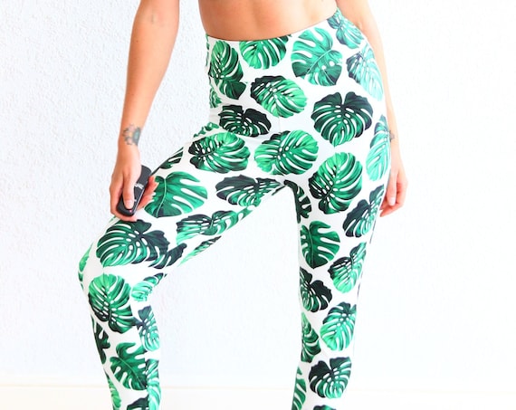 HIGH WAISTED LEGGINGS - Curvy Girl Active Wear - Palm Jungle print - Pilates Tights - Funky Festival Legs - Yoga Pants - Yogi Gift - Lounge