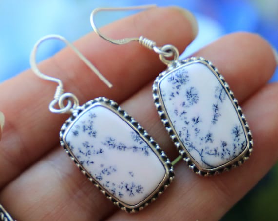 RARE JASPER EARRINGS - 925 Sterling Silver Gemstone Earrings - Monochrome crystal - Black and white - Snowflake - Flower Crystal - Agate