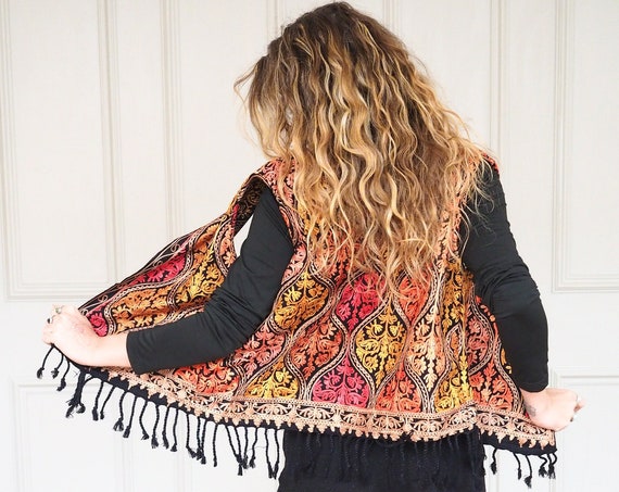 EMBROIDERED KASHIDA WAISTCOAT - Indian Cotton - Viscose - 60's Hippie - Repurposed Scarf - Autumn - Winter Vest - Folk Style Gilet - Tassel