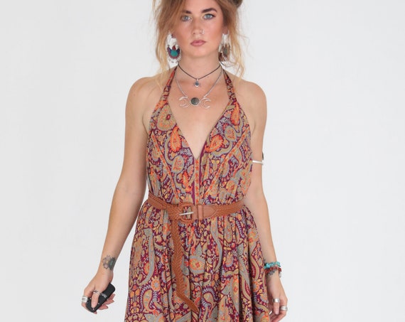RETRO FLARE JUMPSUIT - Violet Paisley - Halterneck Harem jumpsuit - Vintage style - Casual - Travel - Maxi all in one - Beach Cover - 70's