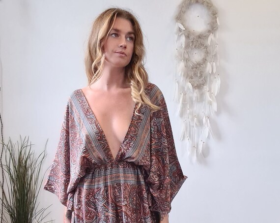 GREEK GODDESS DRESS - Deep V dress - Backless - Indian Silk Dress - Evening Dress - Multi Style - Choker Dress - Vintage grecian Style - A/W