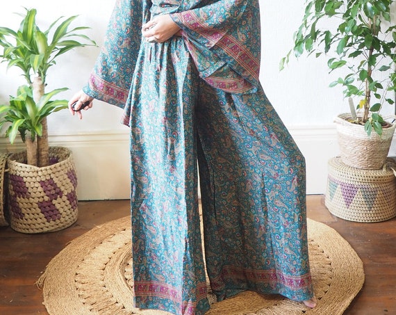 JUMPSUIT SET - 2 Piece co ord set - Silk Bell sleeve & Trousers - Jumpsuit Style - Flares - Wide leg - Lounge wear - pant set - Playsuit