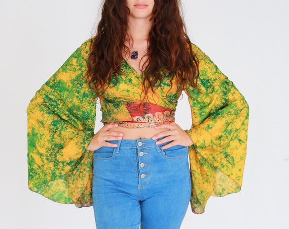 ACID WASH - Indian Silk Tie Dye - Bell Sleeve Hippie Top - 70s 60'S - Recycled Fabric - Vintage Kimono - Stevie Nicks Style - Psychedelic