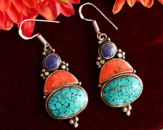 VINTAGE TIBETAN EARRINGS - Handmade Nepali earrings - Bespoke - Mosaic - One of a Kind - Statement - Festival - Indian - Coral - Turquoise