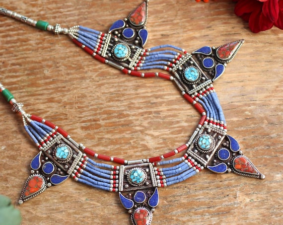 LAPIS LAZULI NECKLACE - Statement Tibetan - Coral - Nepali - Buddhist - Tibet Jewellery - Semi Precious - Gift - Bespoke - Choker - Mosaic