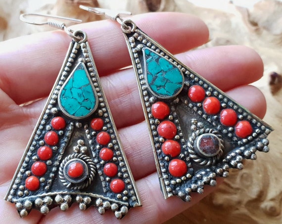 XL TIBETAN EARRINGS - Vintage Nepali earrings - Mosaic - Gypsy Style - One of a Kind - Festival - Indian Kuchi - Tibetan Turquoise and Coral