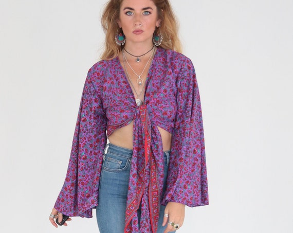 STEVIE NICKS CROP - Bell sleeve top - Crop Top - Vintage - Festival - Hippie - Retro - 70s - 60'S - Recycled Silk - Kimono - Cape - Beach