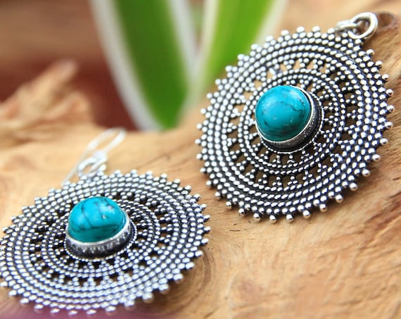 VINTAGE STYLE EARRINGS - Turquoise Silver Plated Earrings - Bohemian Healing Crystal jewelry - Oxidised Antique feel - Stocking Filler Gift