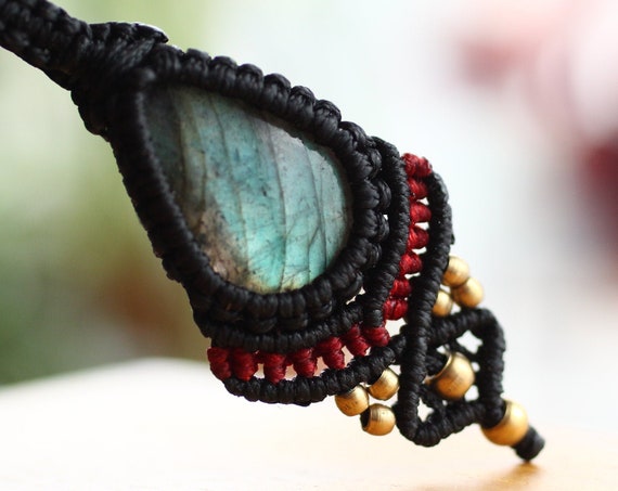 MICRO MACRAME AMULET - Unisex - Mens Chakra necklace - Rare Labradorite Crystal Gift - Handmade - Christmas - Tribal Yoga Style - Adjustable