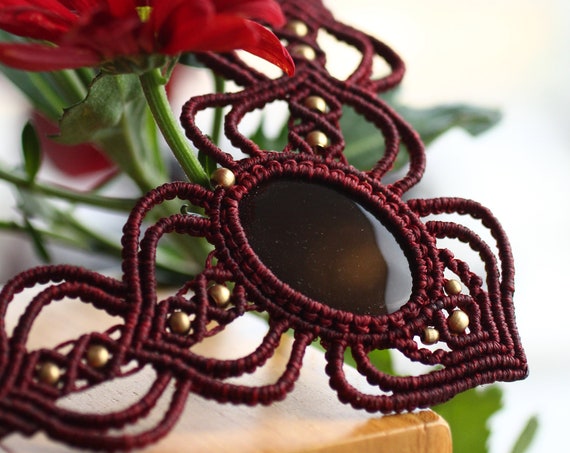 RICH RED NECKLACE - Agate Jasper Necklace - Healing Stone - Adjustable Micro Macrame jewellery - Xmas / Valentines Gift - Unisex - Hippie