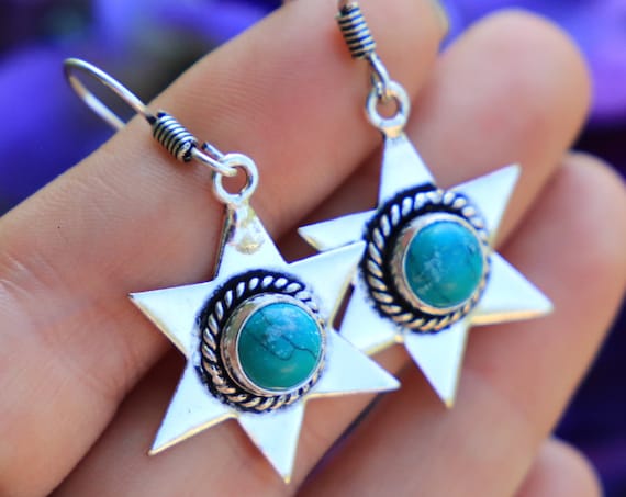TURQUOISE STAR EARRINGS - Silver Earrings - Crystal Earrings - Healing Crystal Jewellery - Navajo - Statement - Bohemian - Vintage - Crystal