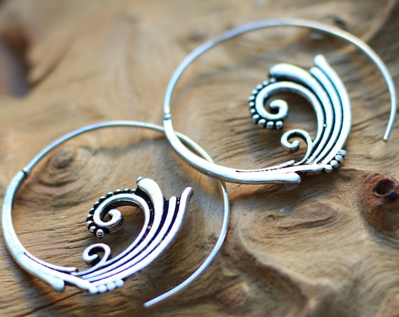 SILVER SWIRL EARRINGS - Statement Silver Plate Earrings - Tribal Twist - Sacred Geometry - Ethnic Jewellery - Hippie Gift - Bohemian earring