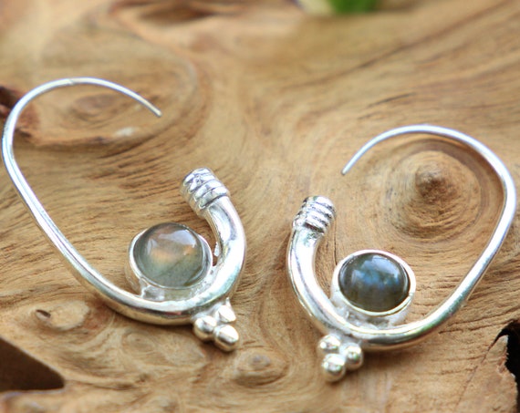 LABRADORITE HOOK EARRING - Silver Plated Earrings - Healing Crystal Jewellery - Boho - Vintage - Festival - Gift - Gemstone Earrings - Moon