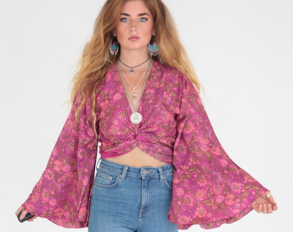 INDIAN PINK CROP - Bell sleeve top - Paisley - Vintage Fabric - Retro - Bohemian - Kimono - Up cycle - Summer - Kaftan - Silk Blend Crop Top