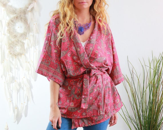 PINK POWER KIMONO - Bohemian Silk Top - Slow Fashion - Autumn Wrap - Dressing gown - Lounge wear - Indian jacket - Paisley - Recycled Silk