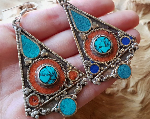AMAZING TIBETAN EARRINGS - Extra Large Nepali earrings - Bespoke - Mosaic - Gypsy - One of a Kind - Statement - Coral chip - Turquoise stone