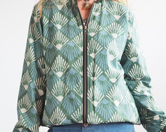 GREEN FERN JACKET - Lightweight Bomber jacket - Block print Cotton - Non Binary Coat - Single Layer - Eco Fashion - Vegan ink - 90's Style