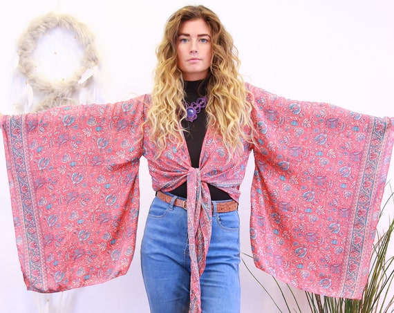 BELLA XL SLEEVE - Batwing Japanese Kimono - Indian Silk - Hippie Kaftan - 70's Boho Wrap Around Top - Gypsy - Floaty Crop Jacket - Cardigan